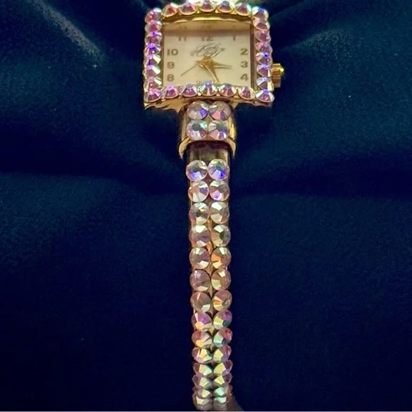 Vintage Kirks Folly Aurora Borealis Crystal Bangle Watch Gold Tone - Picture 4 of 9